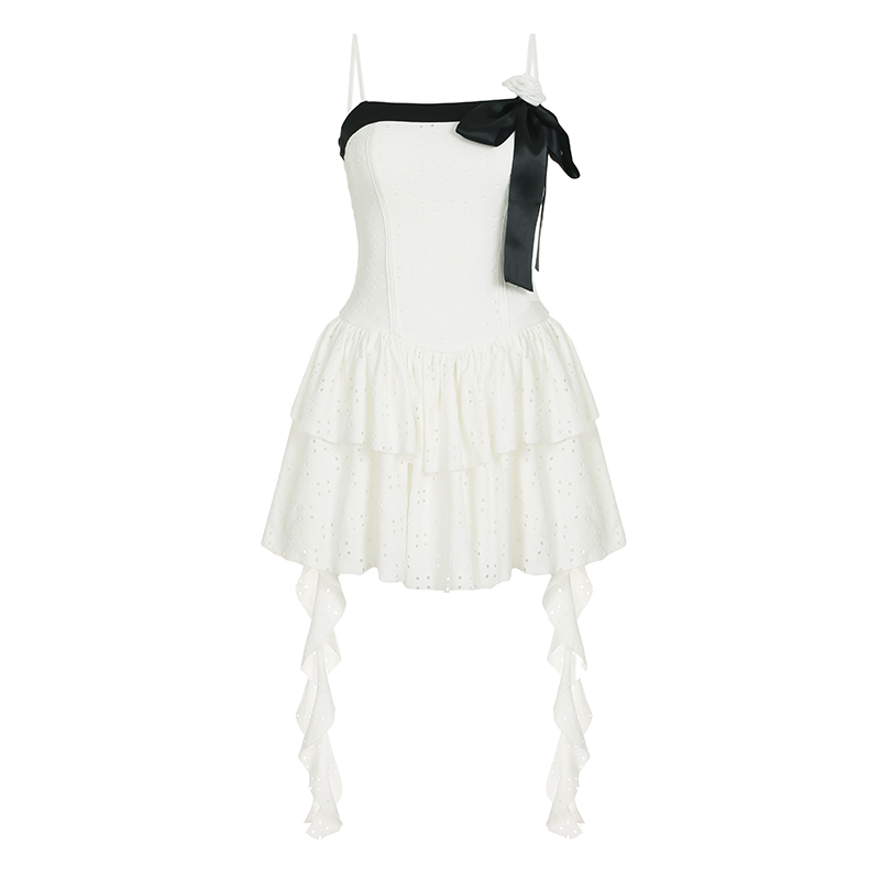 Textured Hollow Cake Dress with Contrasting Bow and Irregular Flowing Short Skirt - Elegant Banquet Style, Perfect for Parties and Events