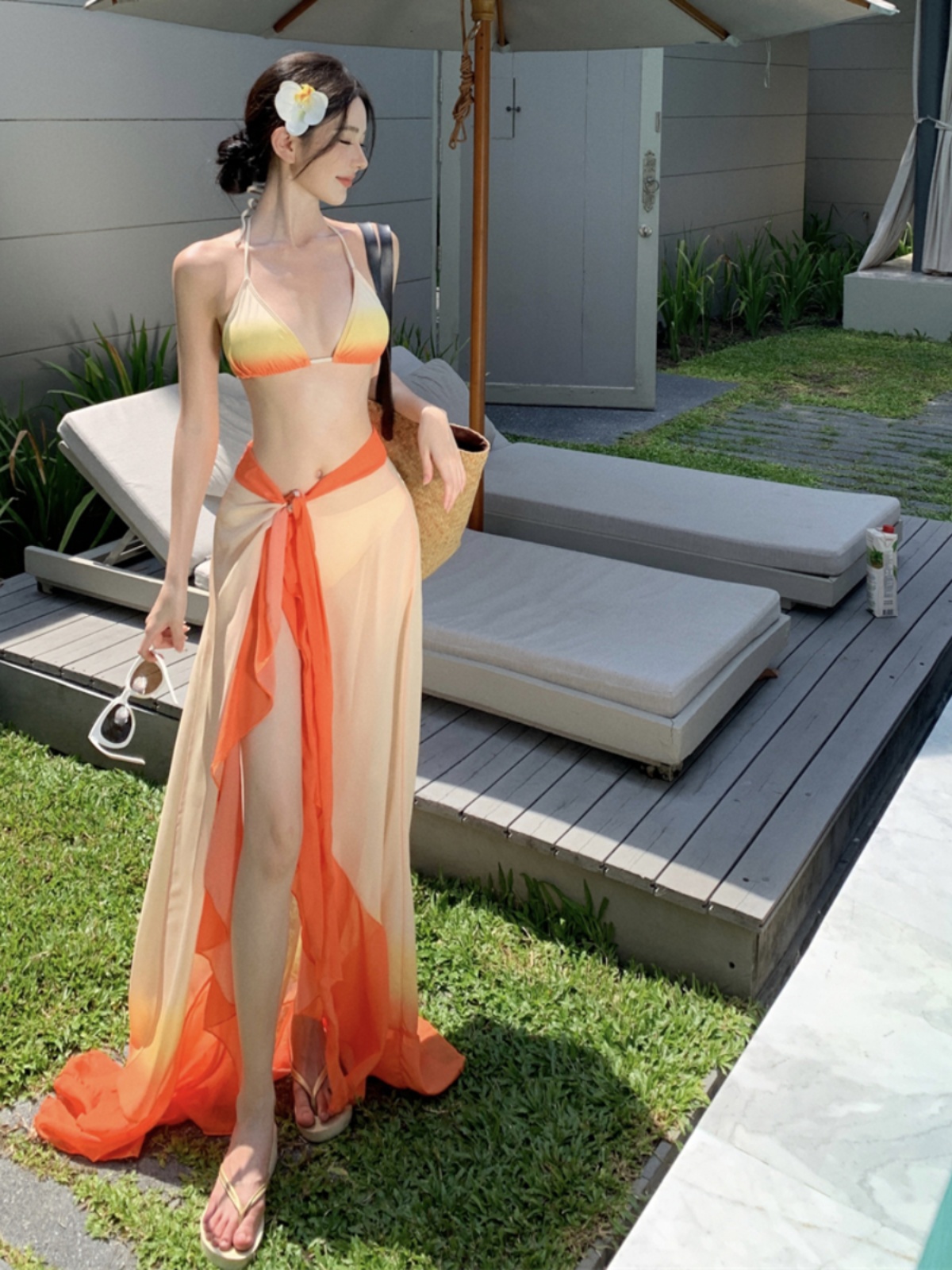 Thai-Style Spicy Girl Three-Piece Bikini Set with Long Gradient Chiffon Skirt for Beach Vacation in Stunning Sunset Orange