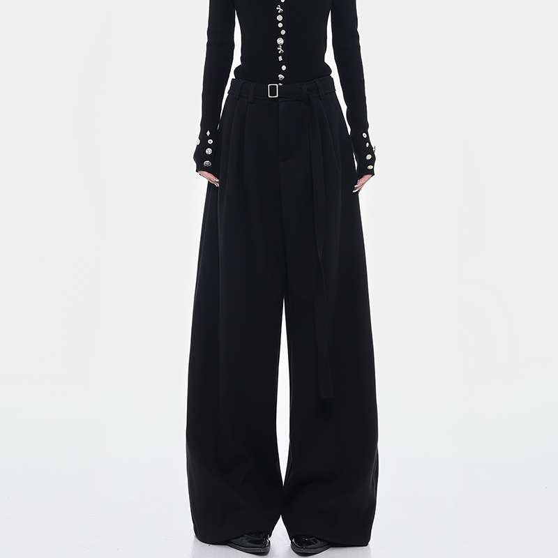 Thickened Woolen Black Suit Pants for Women, Draped Straight-Leg Wide-Leg Trousers, Autumn Winter Fashion, Casual Chic Style