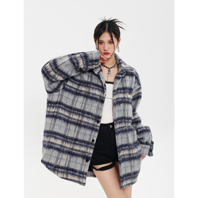 Thickened Woolen Plaid Striped Shirt Jacket for Women - Unique Design for Autumn and Winter Style