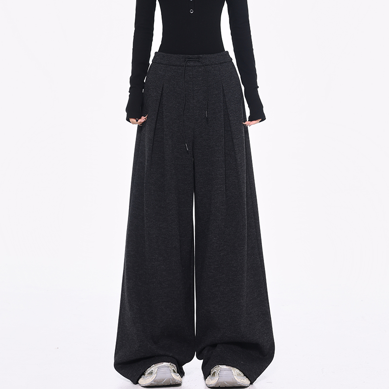 Thickened Woolen Pleated Wide-Leg Suit Pants for Women in Gray - Versatile Loose Slimming Style for Autumn/Winter Fashion