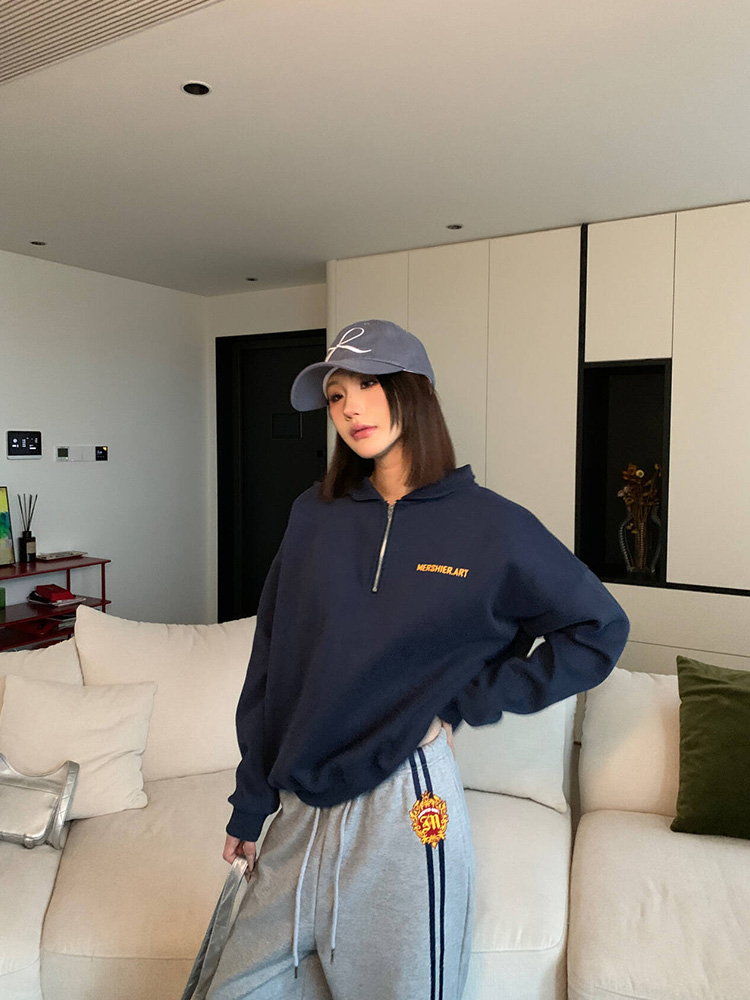Trendy American-Style Letter Print Half-Zip Pullover Sweatshirt for Men and Women, Loose Casual Top, Y2K Fashion