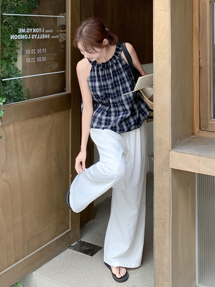 Trendy Checkered Halter Sleeveless Top and Wide-Leg Pants Set for Women - Summer 2025 Y2K Inspired Two-Piece Outfit
