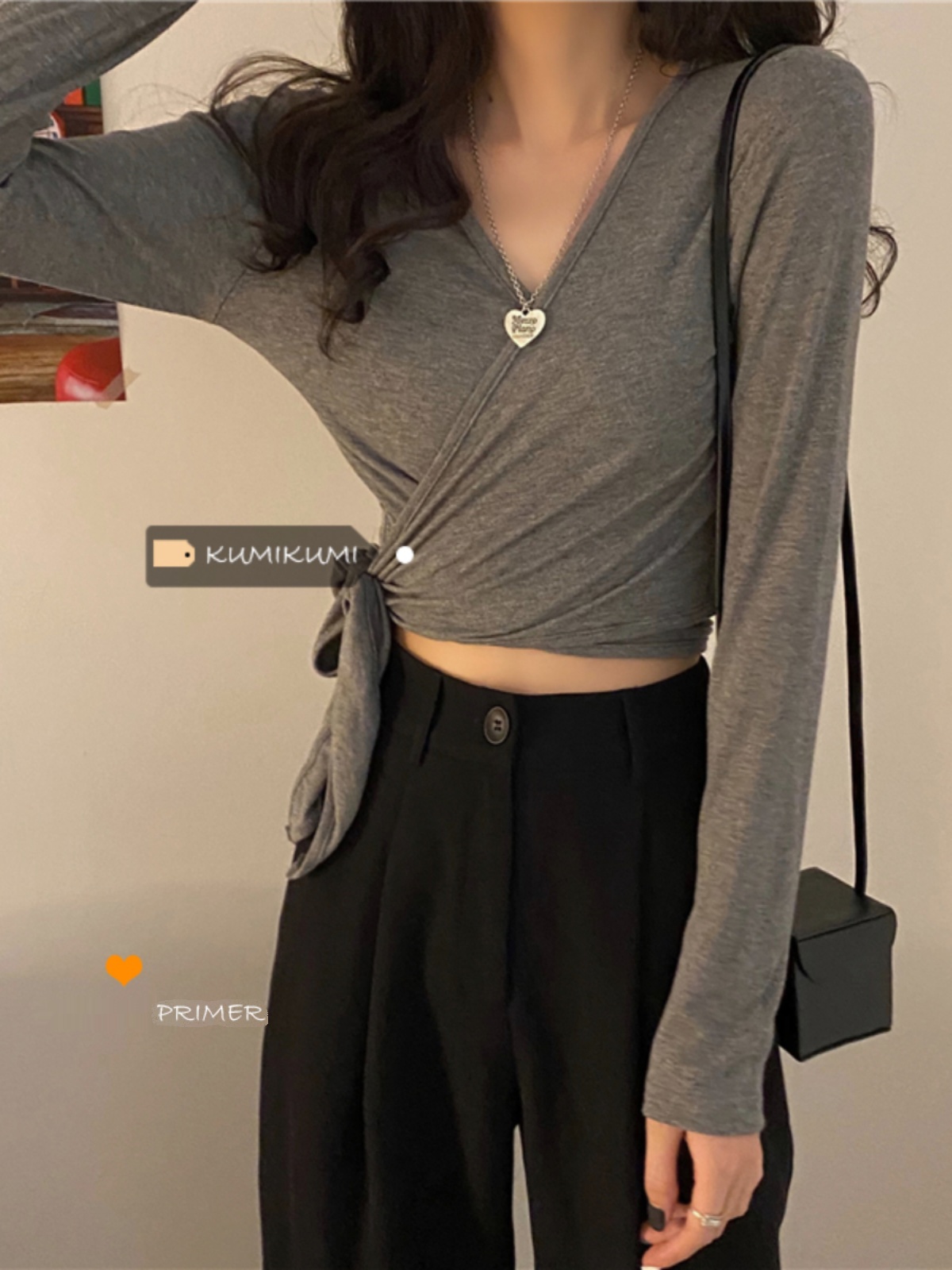 Trendy Long-Sleeve Tie Top for Women, Sweet and Spicy Style, Short Version for Jazz Dance, Early Autumn Fashion.