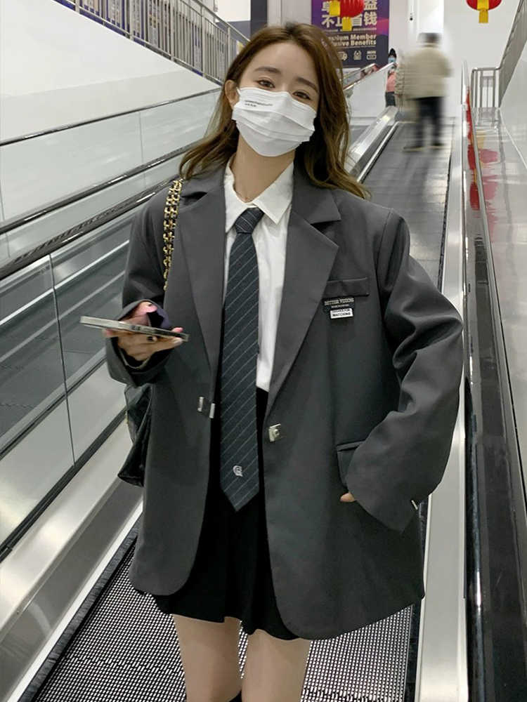 Trendy Oversized Gray Blazer for Women - College Style Casual Suit for Spring & Autumn 2025, High-End JK Fashion