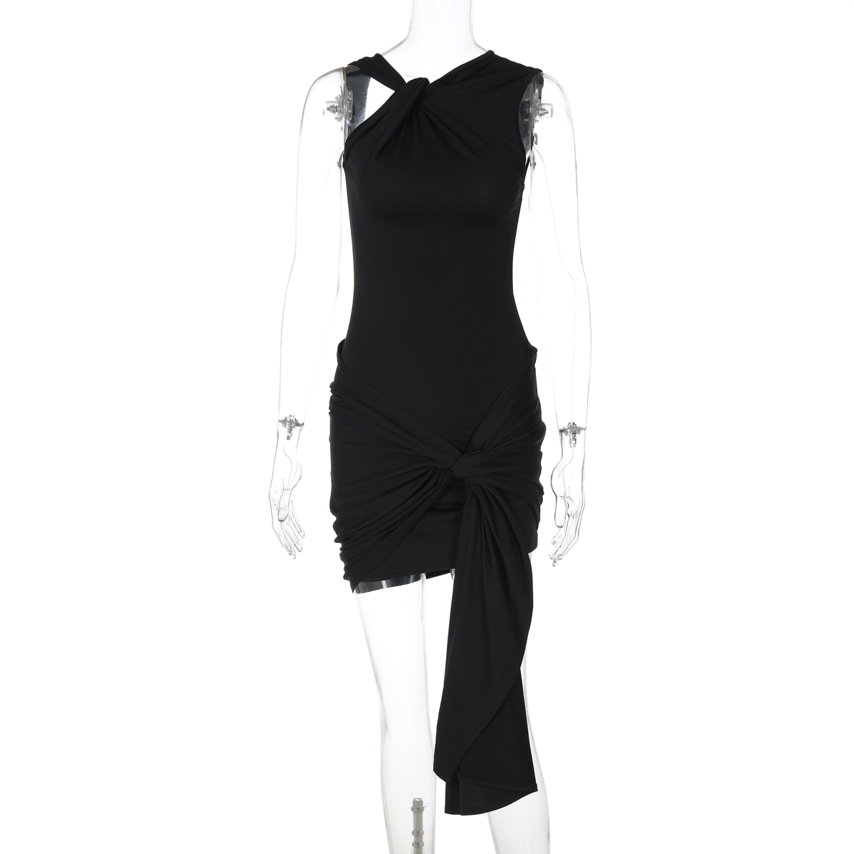 Twisted Neckline Dress for Women - Elastic Slim Fit Tie Waist, Hip-Hugging European American Style, Trendy Temperament Fashion Dress