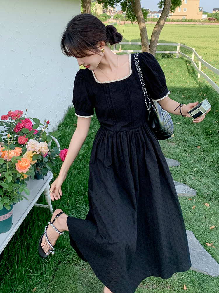 Unique Black Square-Neck Dress for Women - French Style Hepburn-Inspired, Waist-Cinching, Long Summer Dress 2025