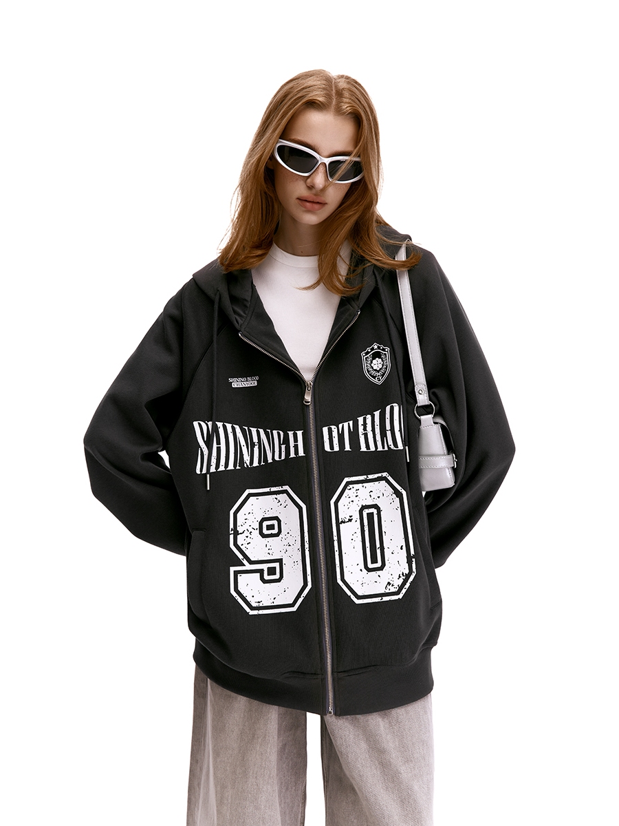 Unisex American Vintage Letter Print Cardigan Hoodie - Blockcore Casual Style for 90s Inspired Fashion