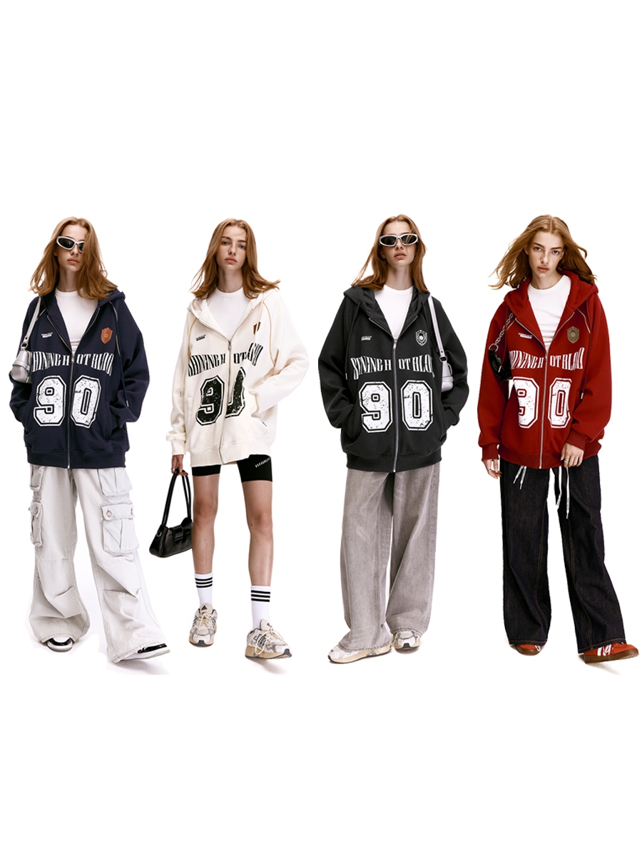 Unisex American Vintage Letter Print Cardigan Hoodie - Blockcore Casual Style for 90s Inspired Fashion