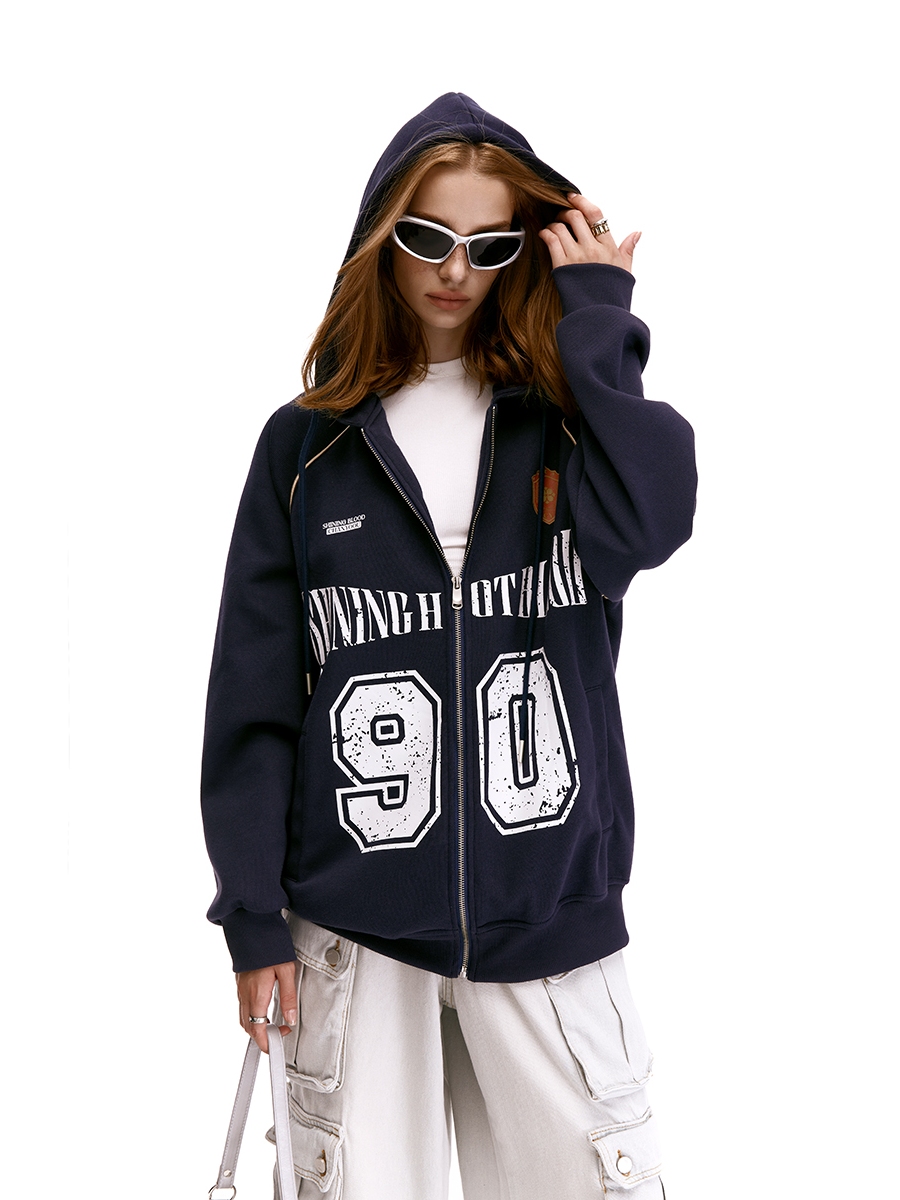 Unisex American Vintage Letter Print Cardigan Hoodie - Blockcore Casual Style for 90s Inspired Fashion