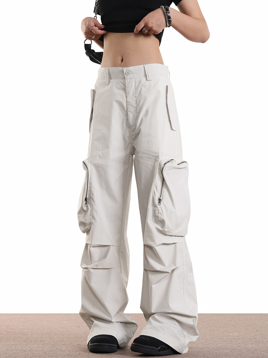 Unisex Large Pocket Work Cargo Pants - Loose Fit Gray Straight-Leg Paratrooper Style for Outdoor Adventure