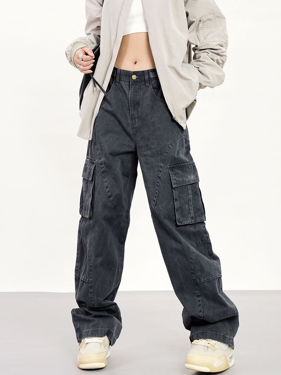 Unisex Oversized Multi-Pocket Loose Work Pants - Straight Leg Floor-Length Wide-Leg Style for Casual & Streetwear Fashion
