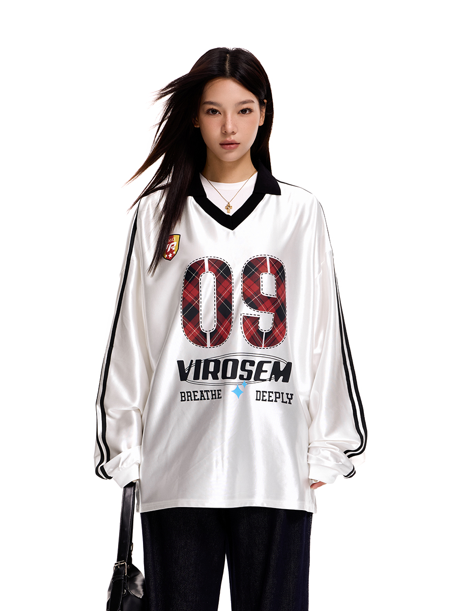 Unisex Retro V-Neck Plaid Sweatshirt - American Style Sports Jersey Hip Hop Top for 90s and Y2K Fashion