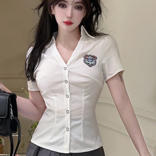 V-Neck Short Sleeve White Shirt with Ultra-Short Pleated Skirt Outfit for Women â€“ Summer Foot Massage Parlor Uniform