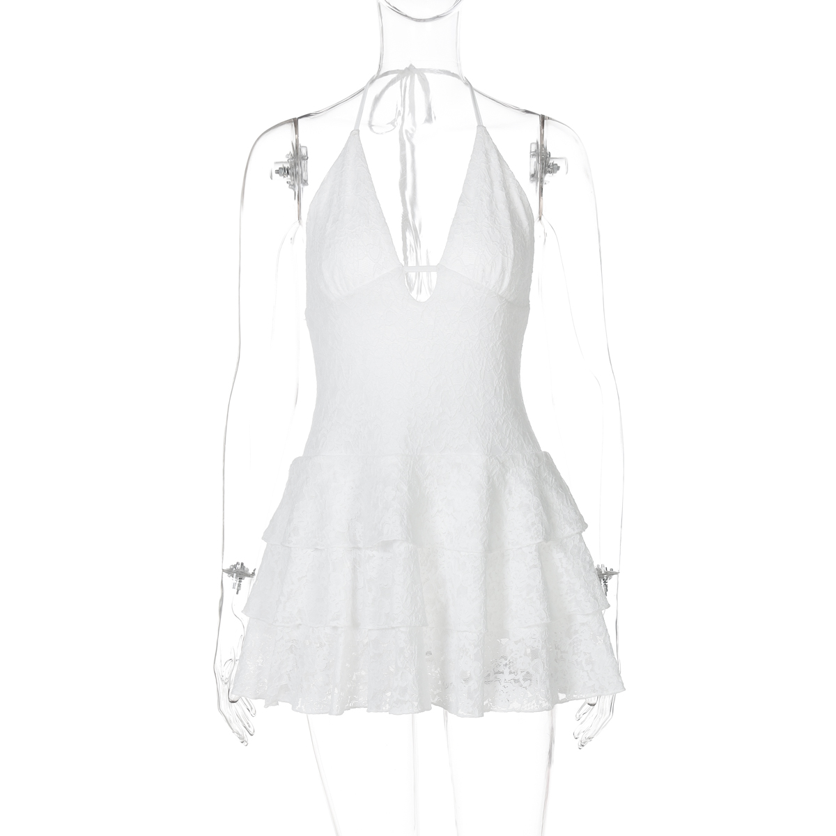 Vacation Style Deep V-Neck Backless Dress with Hollow Lace Splicing and Tie Straps - Sexy Pleated Summer Dress