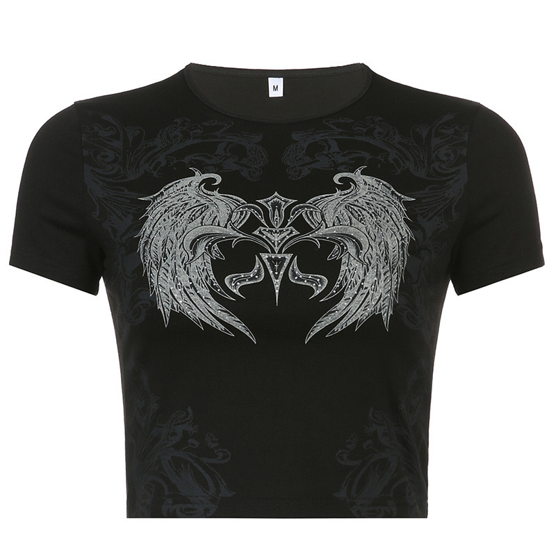 Versatile Slim Fit Sexy Jazz Dance T-Shirt with Dark Geometric Wing Print - Round Neck Short Sleeve Top for Y2K Style