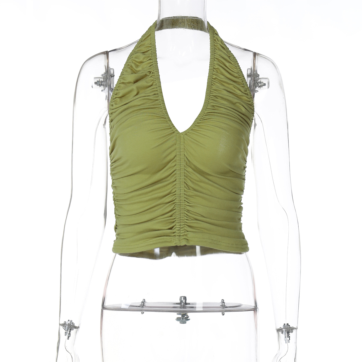 Versatile Summer Women's Deep V-Neck Halter Top, Elastic Ruched Waist, Slim Fit, Backless Short Top, Sexy Korean Style Fashion
