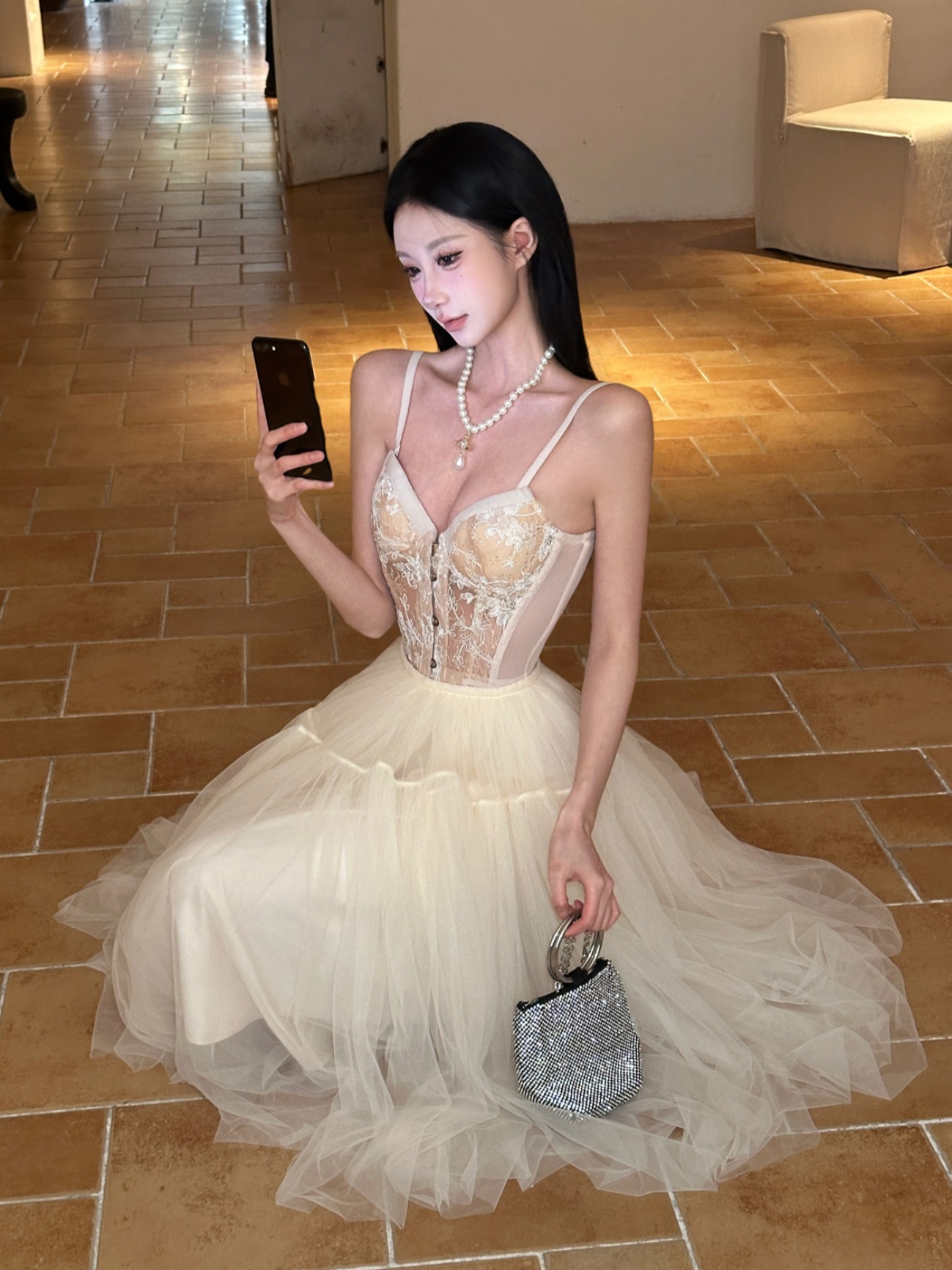 Vintage Ballet Tulle Midi Skirt - A-Line Puff Skirt with Lace Corset for Women's Summer Fashion