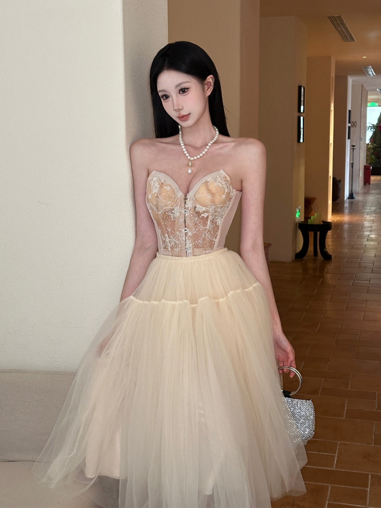Vintage Ballet Tulle Midi Skirt - A-Line Puff Skirt with Lace Corset for Women's Summer Fashion