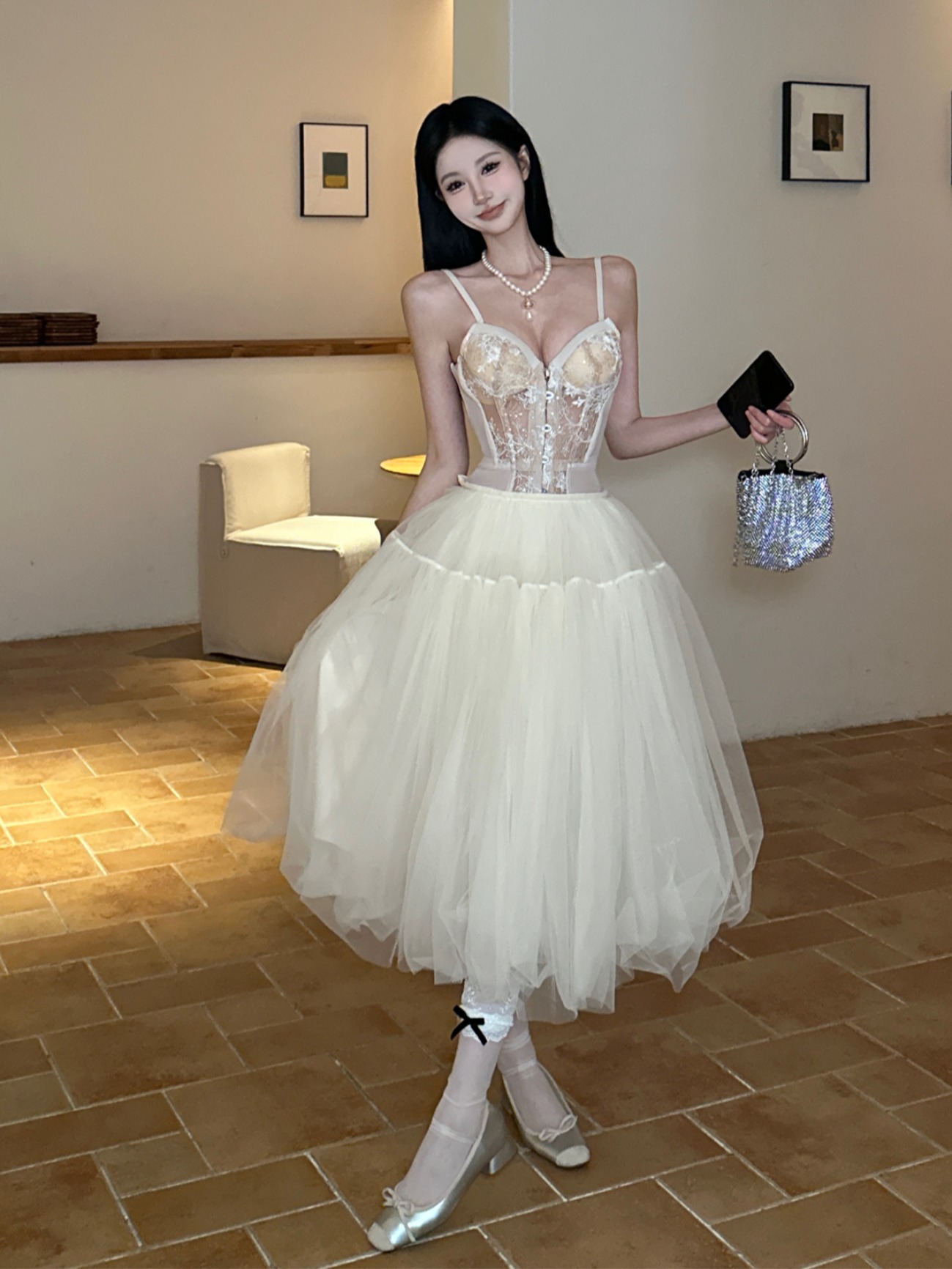 Vintage Ballet Tulle Midi Skirt - A-Line Puff Skirt with Lace Corset for Women's Summer Fashion