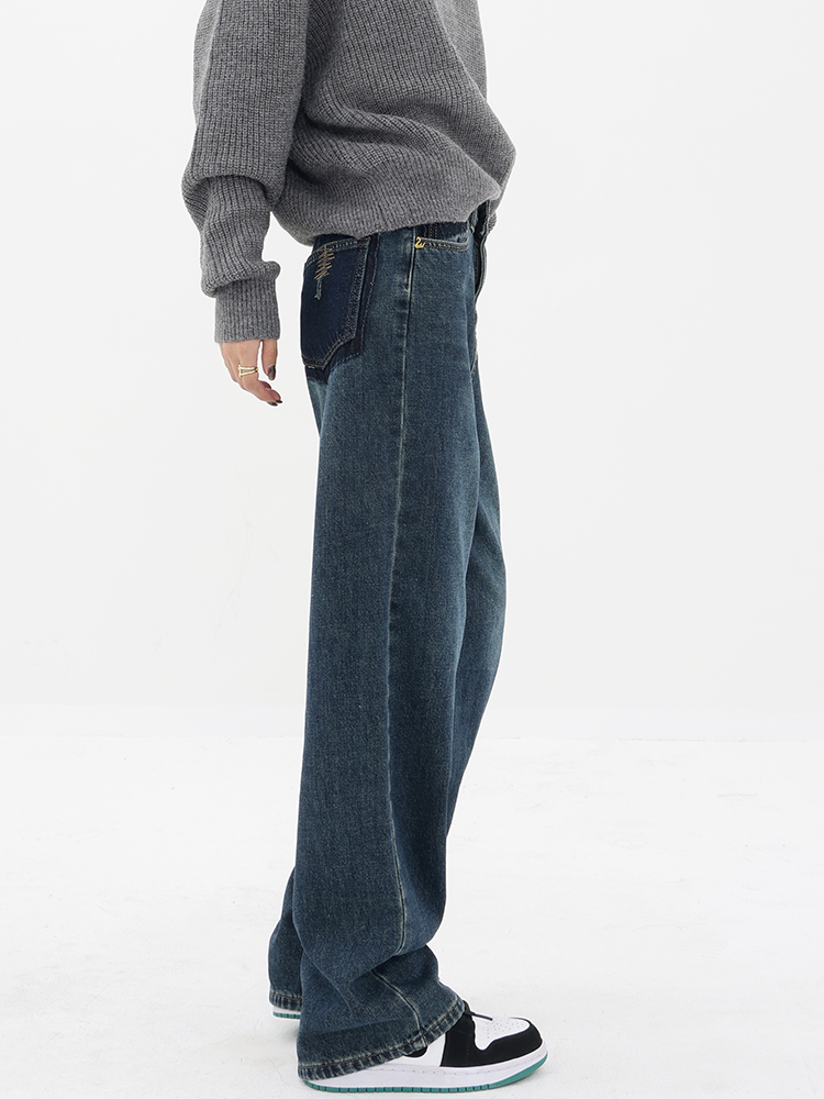 Vintage Blue High Waist Straight Leg Jeans for Women, Autumn Winter Fleece Casual Pants, Retro Gradient Style