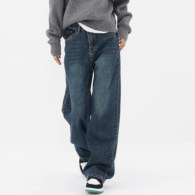 Vintage Blue High Waist Straight Leg Jeans for Women, Autumn Winter Fleece Casual Pants, Retro Gradient Style