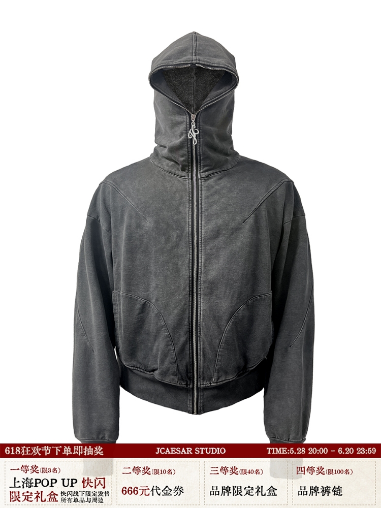 Vintage Dirty Wash Zipper Hoodie - Short Boxy Fit, Relaxed Streetwear Style, Retro Vagrancy Design, Trendy Urban Fashion