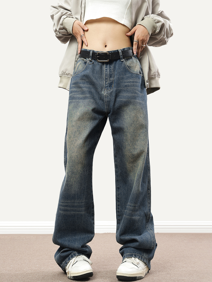 Vintage Distressed Cat Whisker Straight-Leg Jeans for Men and Women - American Style Loose-Fitting Slimming Denim Pants