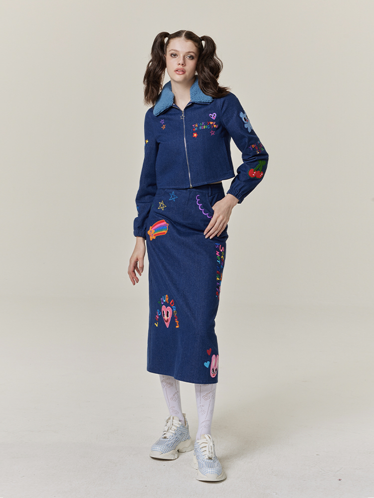 Vintage Embroidered Denim Jacket and Graffiti Skirt Set - Original Artist Design, Y2K Style, Trendy Statement Outfit