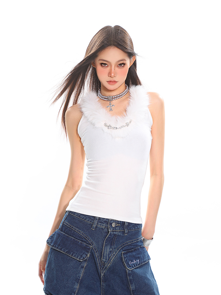 Vintage Feel Precious Fur Collar Sleeveless Vest for Women - Autumn Winter Short Base Top