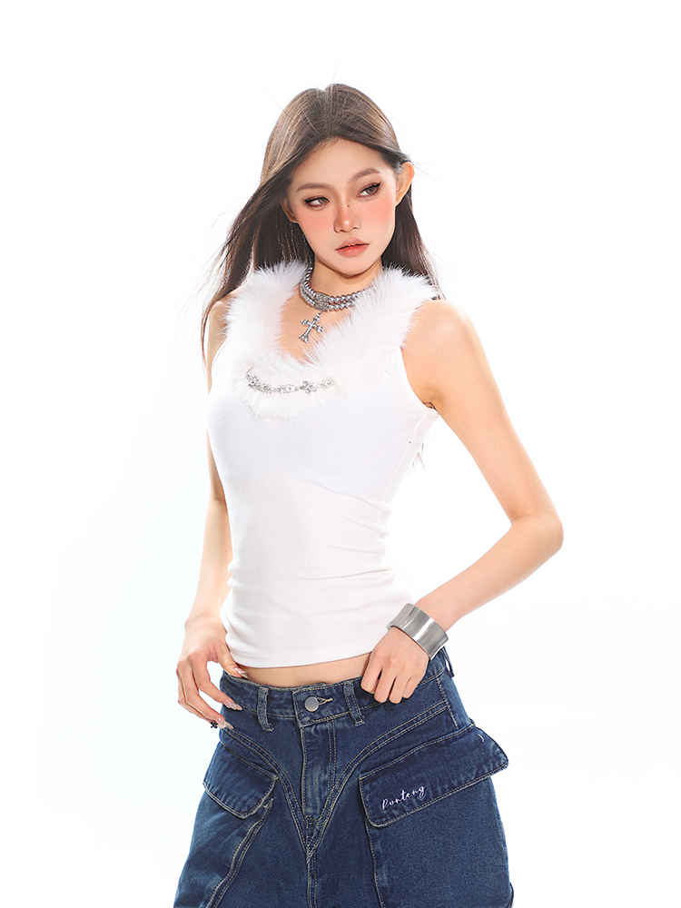 Vintage Feel Precious Fur Collar Sleeveless Vest for Women - Autumn Winter Short Base Top