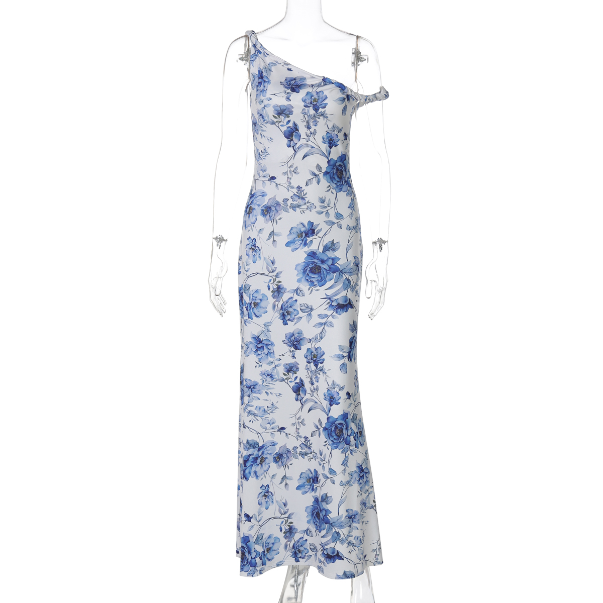 Vintage Floral Print Off-Shoulder Twisted Bodycon Dress for Women - High-Waisted Slim Fit Long Dress, Y2K Style