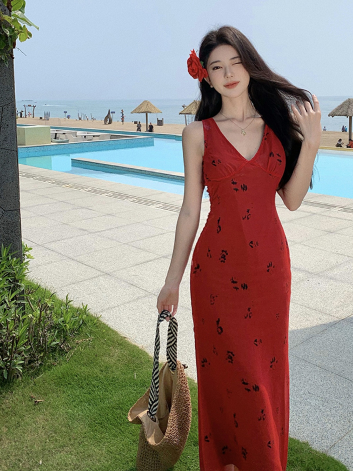 Vintage French High-End Printed Long Dress - Red Sexy Deep V-Neck Fitted Summer Beach Vacation Dress