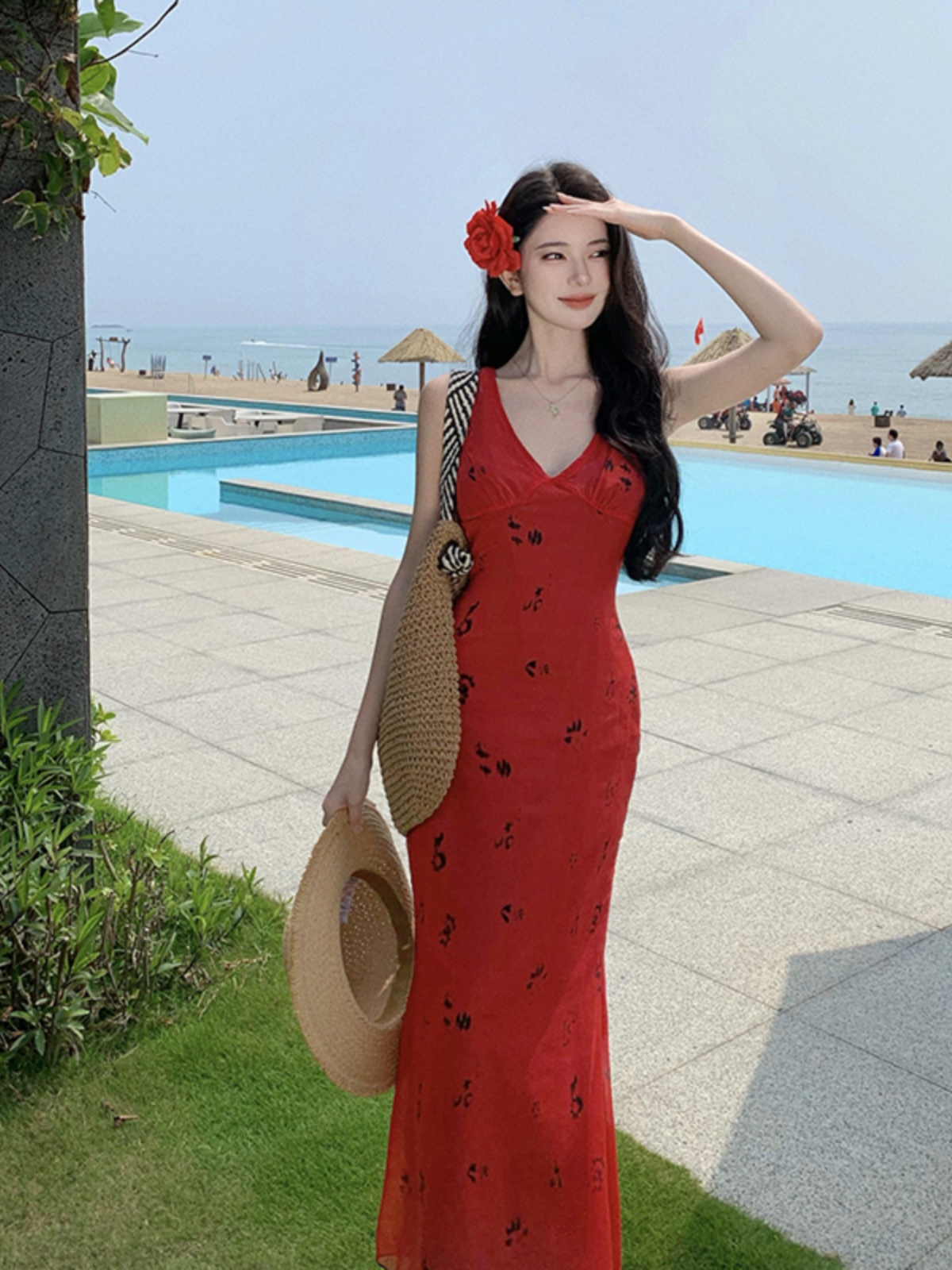 Vintage French High-End Printed Long Dress - Red Sexy Deep V-Neck Fitted Summer Beach Vacation Dress