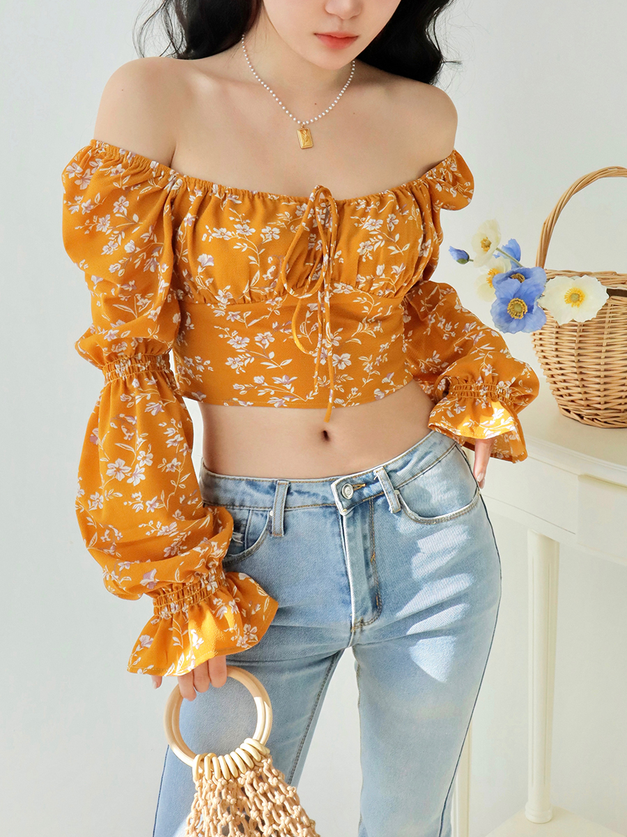Vintage French Yellow Floral Long Sleeve Shirt for Women - Loose Square Neck Slim Fit Top - Perfect for 90s & Y2K Style
