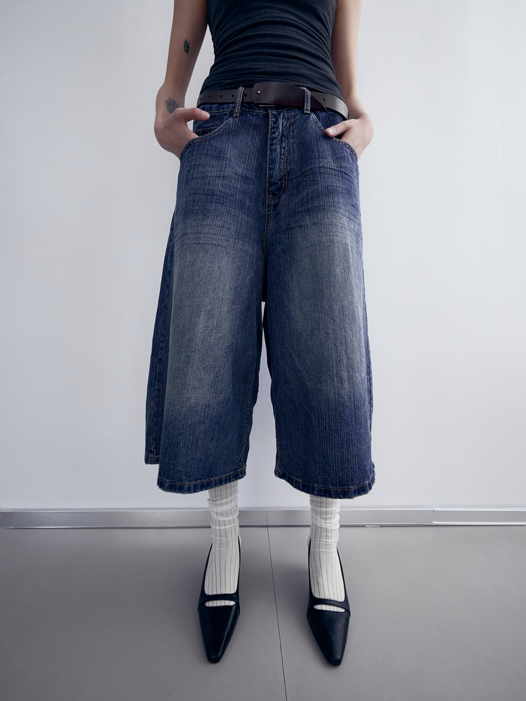 Washed Bamboo Stripe 3/4 Denim Pants for Men and Women - Unisex High Street Straight Shorts - Vintage 90s Style Fashion