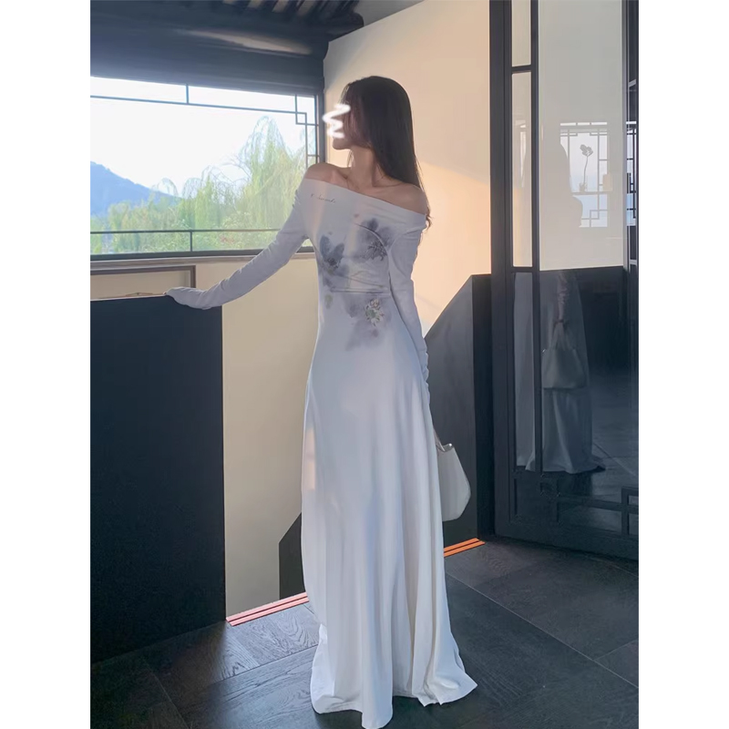 Watercolor Blue Gradient Off-the-Shoulder Fleece Knit Dress for Women - Stylish Spring Autumn Winter Fashion