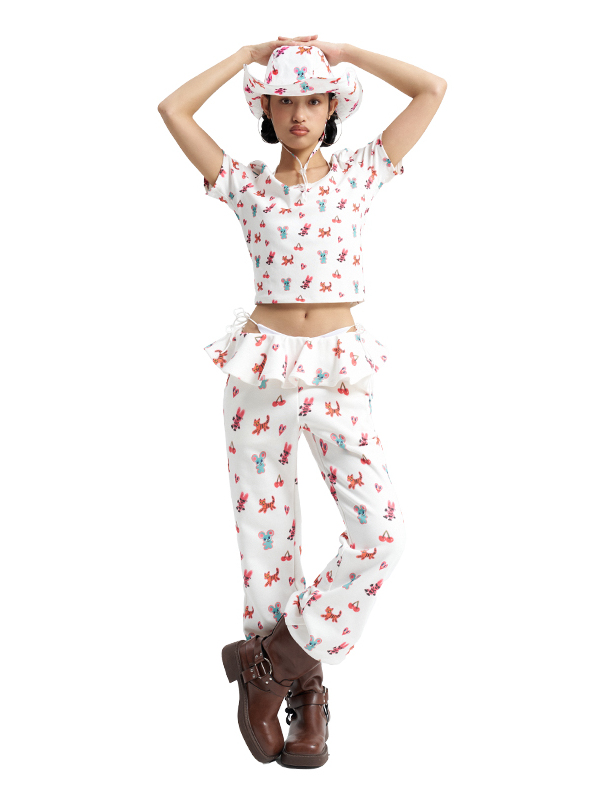 White Cherry Mouse Print U-Neck T-Shirt - Trendy Korean Style Tee, Cute Graphic Design, Perfect for Y2K Fashion Lovers