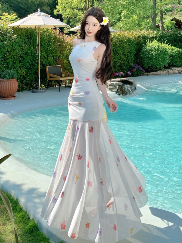 White Floral Off-Shoulder Tulle Dress - Lightweight Flowing French-Style Long Dress for Women - Perfect for Vacation & Summer Events