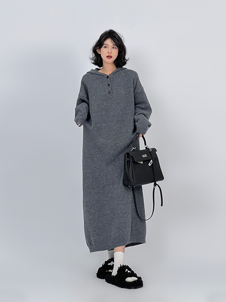 White Hooded Long-Sleeve Knitted Sweater Dress for Women - Korean Style, Loose Fit, Over-the-Knee, Autumn Winter Fashion
