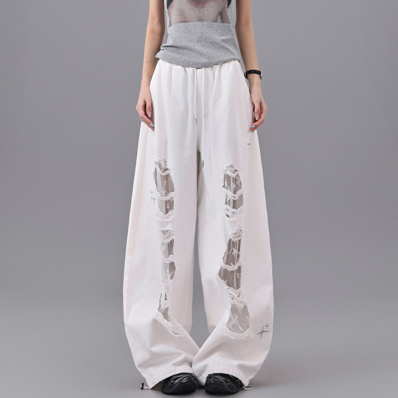 White Ripped Patchwork Lace Dance Long Pants for Women - High Waist Drawstring Casual Summer Trousers, Y2K Style