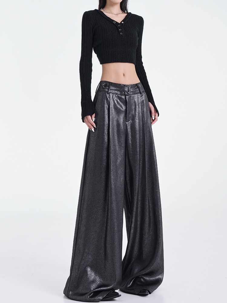 Wide-Leg Black Satin Casual Pants for Women - Original Design, Thin Acetate, Early Autumn Style
