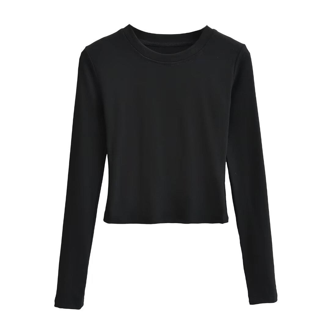 Women's Black Round Neck Long Sleeve Base Layer Top - 2025 Autumn Versatile Essential T-Shirt for Layering