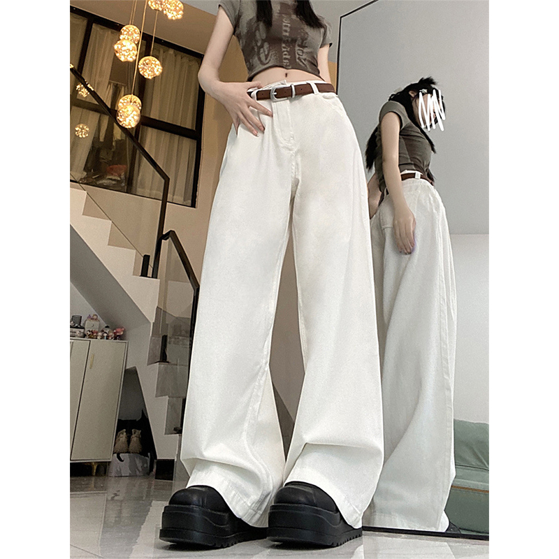 Women's High-Waisted White Wide-Leg Jeans - Casual Loose Fit, Versatile Straight-Leg Design for Effortless American Style