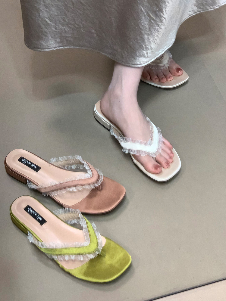 Women's Ocean One Lace Splicing Low-Heeled Flip-Flops - Stylish Casual Summer Shoes in Korean Style