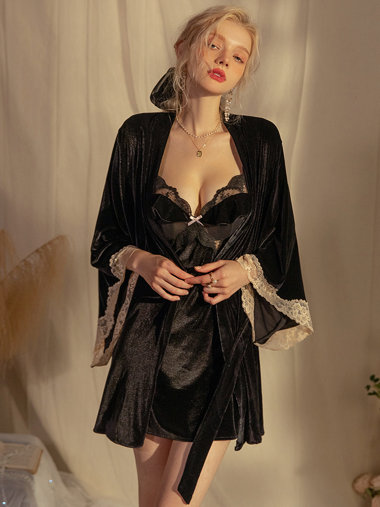 Women's Sexy Autumn Winter 2025 Pajama Set with Chest Pad, Nightgown and Robe - Cozy Two-Piece Homewear for Comfort and Style