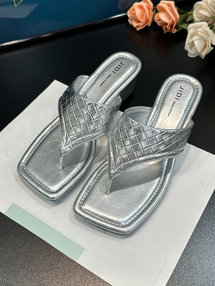 Women's Silver French Square-Toe Wedge Flip-Flops - Thick Sole Beach Sandals for Summer 2025 Outdoor Wear