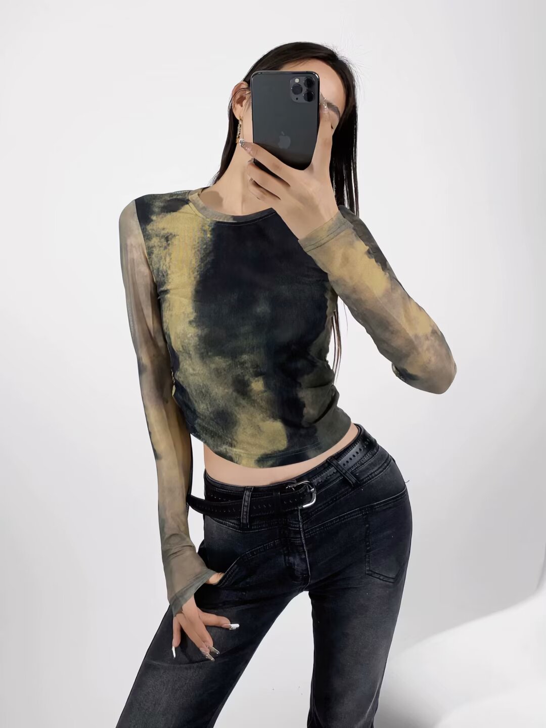Women's Tie-Dye Mesh Long Sleeve T-Shirt - Sheer Slim Fit Streetwear Top for Hot Girls, Perfect for 90s & Y2K Fashion