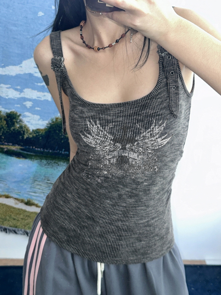 Y2K Character Print Knitted Vest for Women with Adjustable Straps and U-Neck - Hot Girl Style Camisole