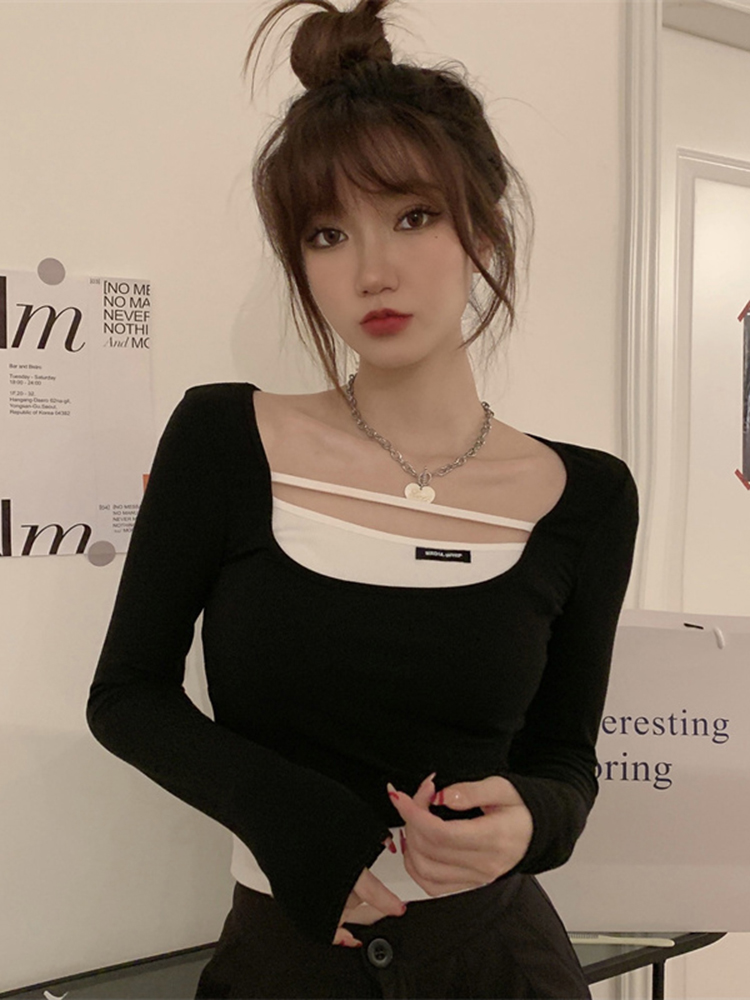 Y2K Fake Two-Piece Long Sleeve Top for Women - Hip-Hop Dance Outfit, K-Pop Performance Style